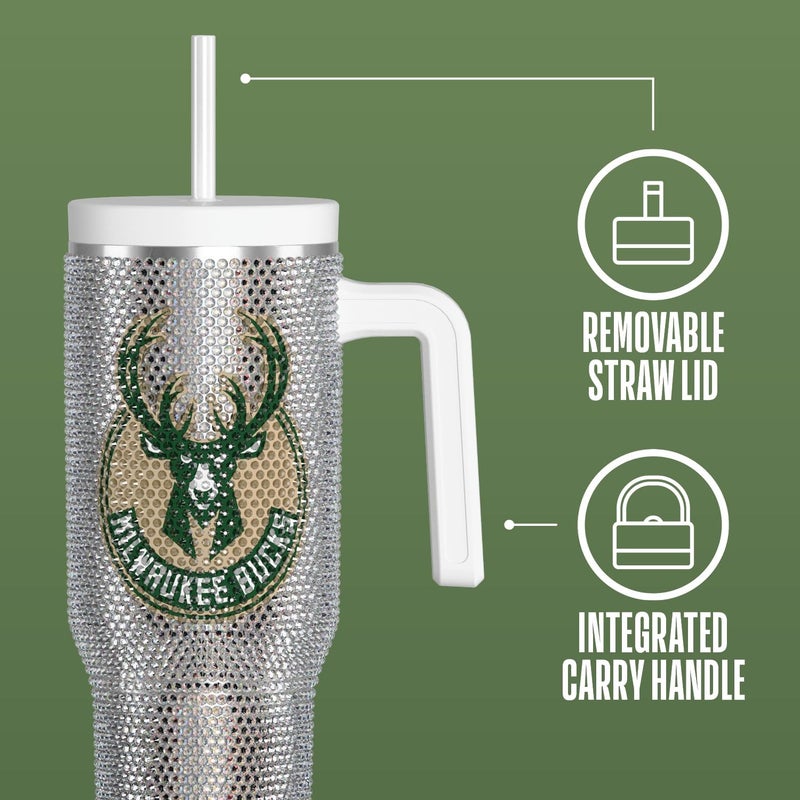 Hydrapeak x NBA Officially Licensed Milwaukee Bucks Voyager 40 oz Stainless Steel Bling Tumbler with Handle, Insulated Rhinestone Water Bottle With Straw & Lid, Includes Gift Box - Image 3